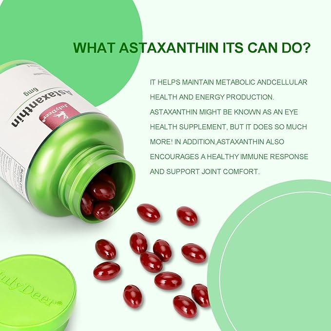 JulyDeer Astaxanthin 6 mg Per Serving, 60 Softgels – Double Strength Microalgae – Natural Haematococcus Pluvialis Source – Antioxidant Supplements for Skin, Eyes, Joints, & Immune Support – Non-GMO