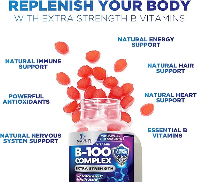 Vitamin B Complex Gummies - Extra Strength Super B Vitamin Gummy with Vitamin C For Immune Support - Energy Support Supplements with Folic Acid, Niacin, B6, B12 & Biotin for Men & Women - 120 Gummies