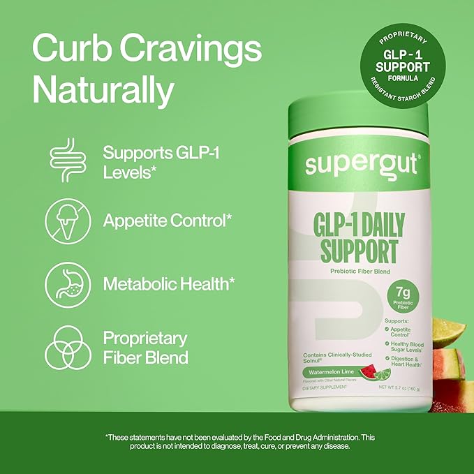 Supergut GLP1 Daily Support - Watermelon Lime - High Fiber GLP-1 Supplement Powder for Women & Men - Sugar-Free Drink Mix for Gut Health & Digestive Support (18 Servings)