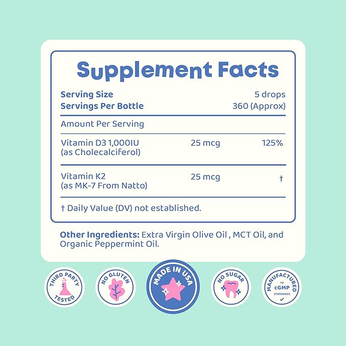 JoySpring Vitamin D3 Kids Drops with K2 – Liquid Supplement for Calcium Absorption & Joint Health – 360 Servings (2 fl oz) – Vitamin D Kids Ages 3-18 (Pack of 2)