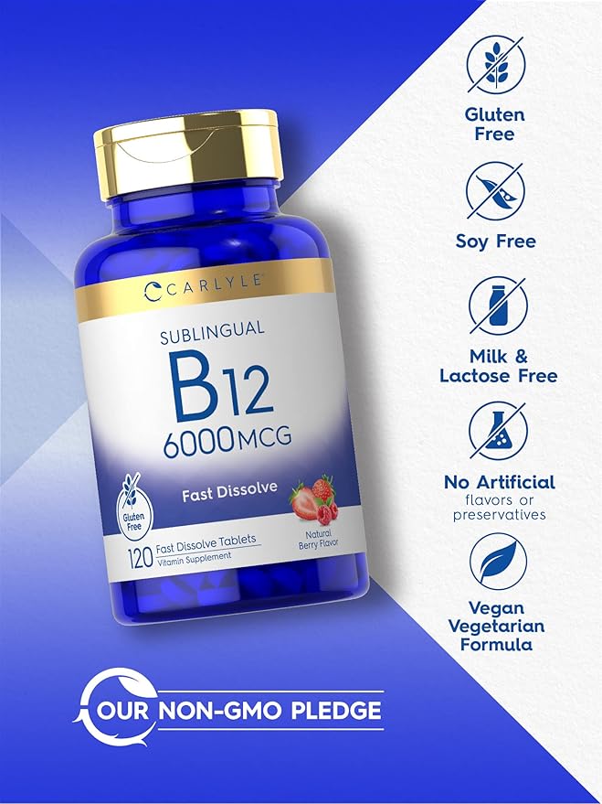 Carlyle Vitamin B-12 6000mcg | 120 Fast Dissolve Tablets | Natural Berry Flavor | Cyanocobalamin & Methylcobalamin | Vegetarian, Non-GMO, and Gluten Free Sublingual Supplement