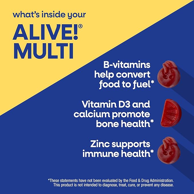 Nature's Way Alive! Men’s Multivitamin Gummies, Daily Gummy Vitamin for Men, Supports Cellular Energy Metabolism, Immune Health, Muscle Function*, with Vitamins A, C, D3, Zinc, Vegetarian, 150 Count