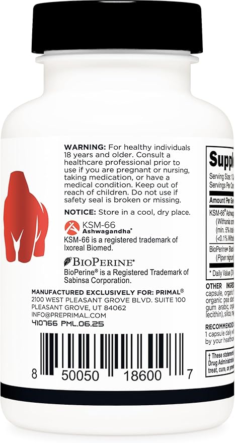 Primal KSM-66 Ashwagandha Complex (60 Capsules / 60 Servings, 600 mg Per Serving) - KSM-66 Ashwagandha with Black Pepper Extract, Gluten Free, Non-GMO