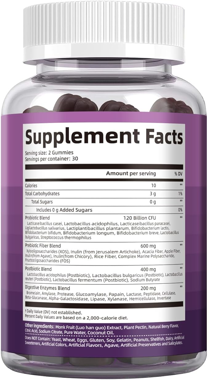 Migcopat Pre Post Probiotics Gummies, Probiotic Prebiotic Postbiotic Digestive Enzymes with Fiber, 120 Billion CFU Probiotics for Gut Health, Sugar Free, Vegan, BlackBerry Flavor, 120 Cts