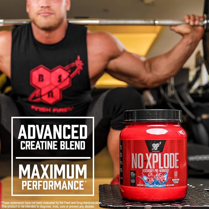 BSN Workout Bundle of NO XPLODE Pre Workout Powder Blue Raz, 30 Servings Amino X Muscle Recovery Intra Workout Support, Caffeine Free Blue Raz, 30 Servings
