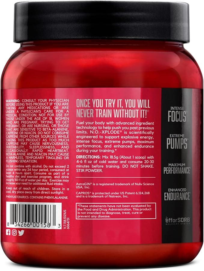BSN N.O.-XPLODE Pre Workout Powder, Energy Supplement for Men and Women with Creatine and Beta-Alanine, Watermelon, 30 Servings, 1.2 Pound (Packaging May Vary)