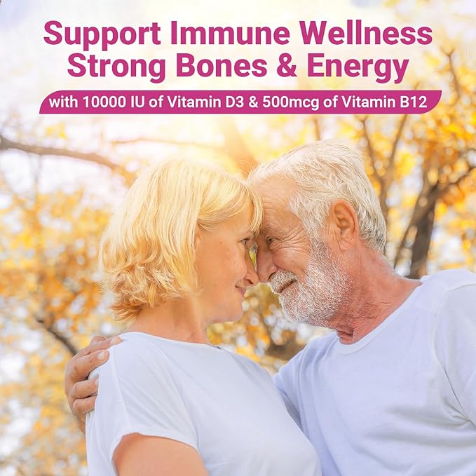 Vitamin D3 B12 Gummies, Vitamin D3 10000 IU & Methylated B12 500mcg for Adults, D3 B12 Vitamin Supplement with Ashwagandha, Magnesium, Vitamin K2 for Immune & Energy Support