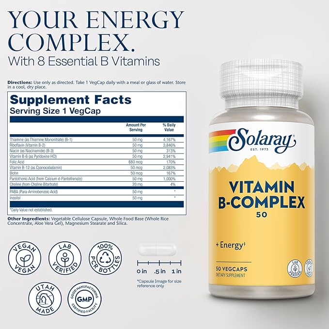 SOLARAY Vitamin B Complex 50 mg - Cellular Energy Vitamins - Metabolism and Nerve Health Support with Vitamin B12, Vitamin B1, B6, Niacin, Folic Acid, Biotin and Other B Vitamins - Vegan, 50 VegCaps