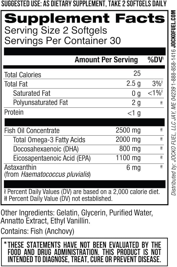 Jocko Fuel Omega 3 Fish Oil Supplement 2000mg - Burpless Fatty Acid Supplement, Wild Caught, Powerful Antioxidant with Astaxanthin (60 Capsules)