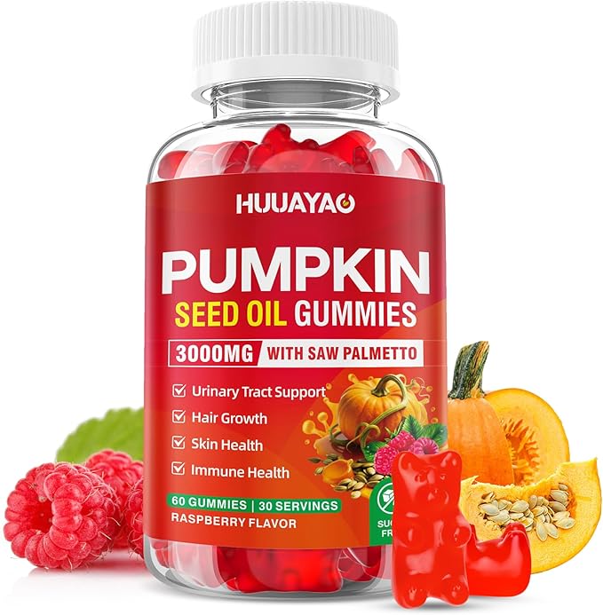 Pumpkin Seed Oil Gummies 3000MG, Organic Pumpkin Seed Oil with Saw Palmetto Supports Hair, Skin & Prostate Health High-Purity Extract for Women & Men, Raspberry Flavor, 60 Count