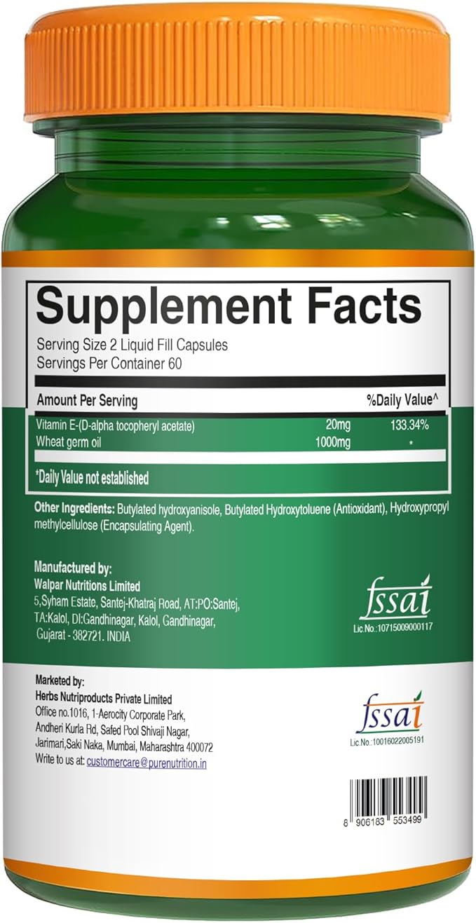 Pure Nutrition Vitamin E with Wheatgerm Oil, 1020mg |120 Caps | Natural Source of Vitamin E | Hair and Skin Supplement | Non GMO