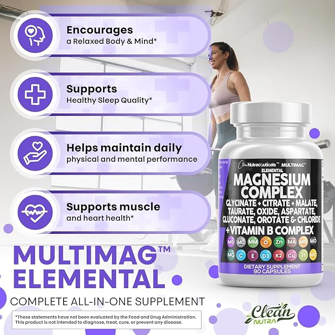 Clean Nutraceuticals Magnesium Complex with Magnesium Glycinate Citrate Malate Oxide Taurate Aspartate Orotate & Mag Chloride, Zinc Copper Manganese (90 Count (Pack of 2))