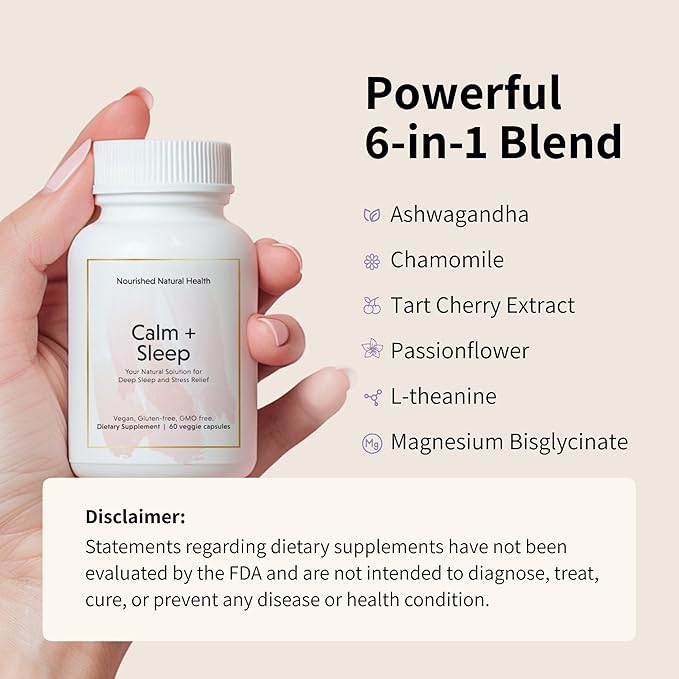 Nourished Natural Health Calm + Sleep – Relaxation & Melatonin-Free Sleep Supplement for Women, Cortisol Support with Ashwagandha, L-Theanine, Magnesium & Valerian Root – Vegan & Non-GMO,180 Capsules