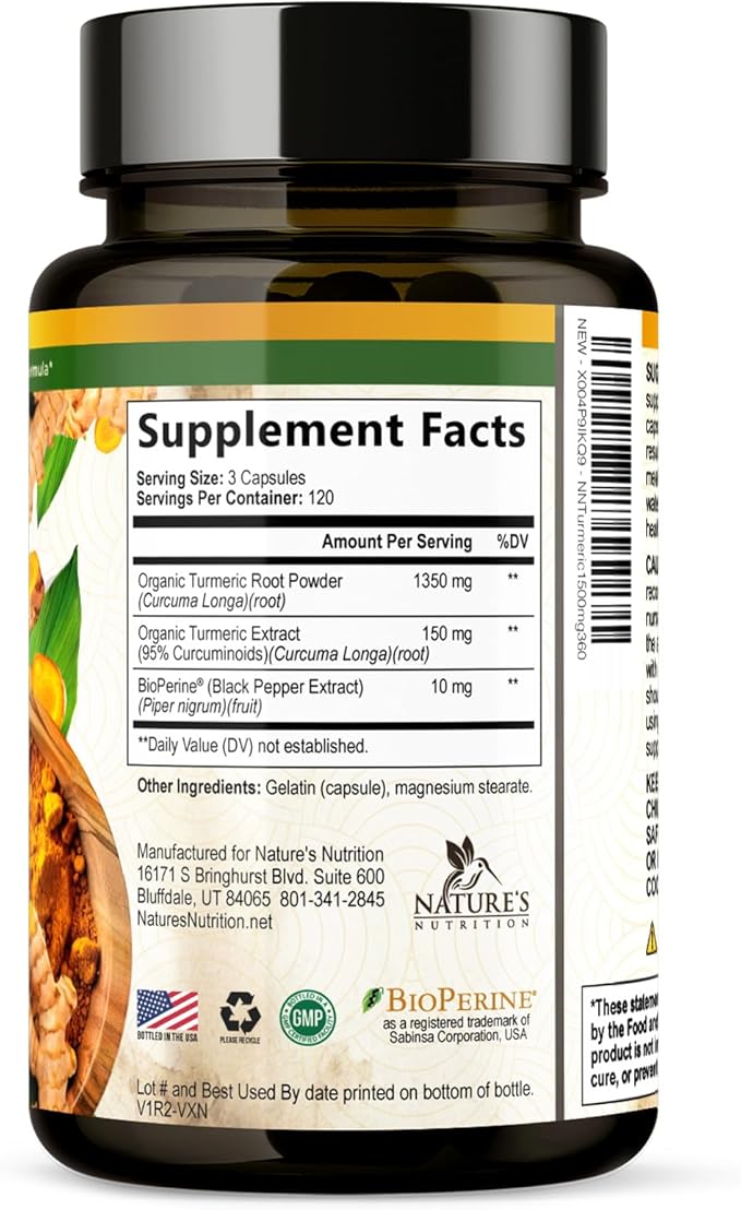 Turmeric Curcumin Supplement 1500mg - Organic Tumeric & BioPerine Black Pepper for Best Absorption with 95% Curcuminoids, Nature's Joint & Immune Support, Non-GMO, Bottled in USA - 360 Capsules