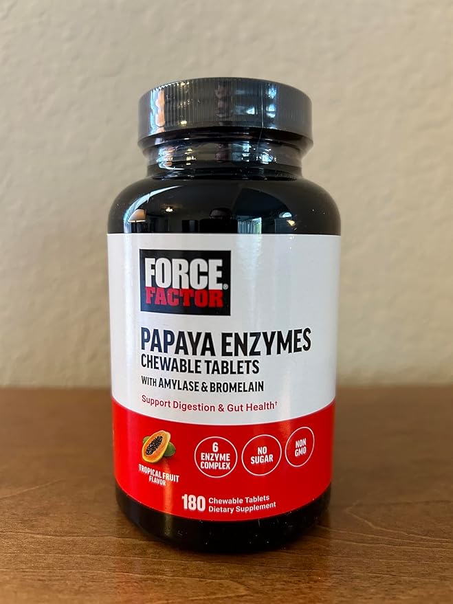 Force Factor Papaya Enzymes Complex, Digestion Supplement and Bloating Relief with Amylase and Bromelain, Support Healthy Digestion, Sugar Free, Non-GMO, Tropical Fruit Flavor, 180 Chewable Tablets