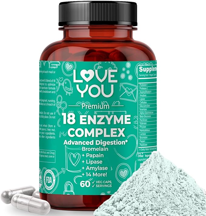 Love You 18 Enzyme Complex – Broad Spectrum Digestive Support with Amylase, Bromelain and Papain – Promotes Nutrient Absorption and Healthy Digestion, 60 Veggie Capsules
