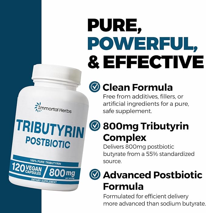 Tributyrin Supplement 800mg, Advanced Butyrate Form, 55% Standardized, More Effective Delivery Than Sodium Butyrate, 120 Capsules, Non-GMO & Gluten Free Postbiotic Supplement