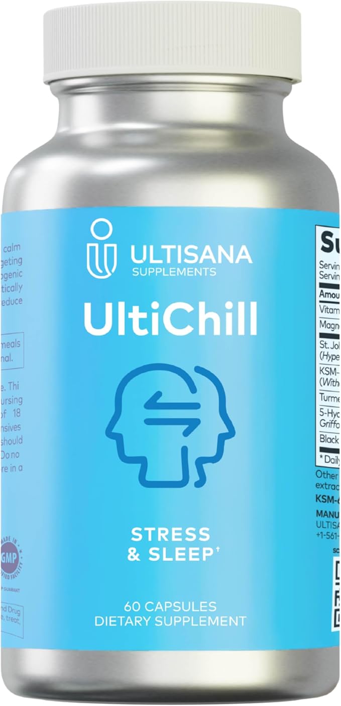 UltiChill Stress Relief Supplement, Non-Drowsy | for Enhanced Mood, Immune Booster & Sleep Support | Magnesium Glycinate, Vitamin B6, KSM-66 Ashwagandha, Turmeric & 5-HTP | Non-GMO, 60 Count