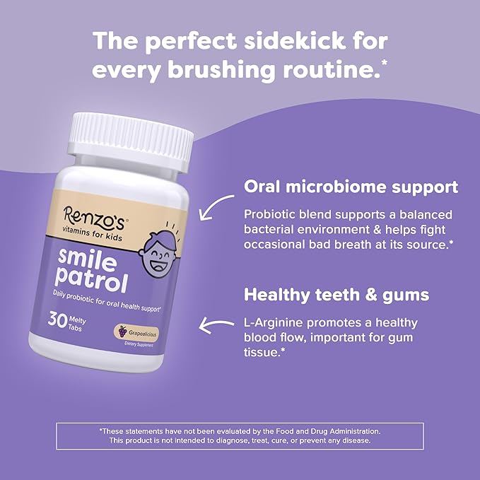 Renzo's Smile Patrol Dissolvable Probiotics for Kids, Sugar-Free - Kids Oral Health Supplement with 4 Probiotic Strains & L-Arginine for Healthy Teeth & Gums - 30 Melty Tabs, Grape Flavor