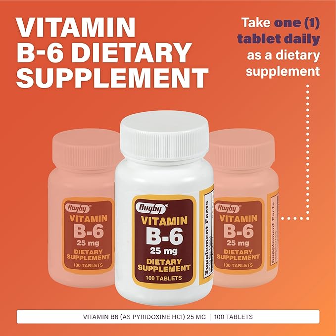 Rugby Vitamin B-6 Tablets - 25mg of Vitamin B6 - Dietary Supplement - 100 Count (2 Pack)