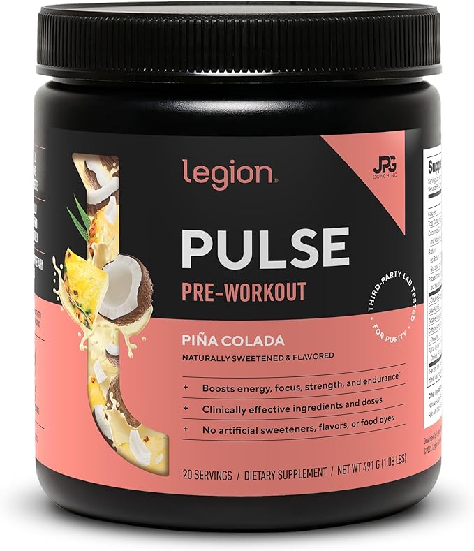 LEGION Pulse Pre Workout - All Natural Nitric Oxide Preworkout Drink to Boost Energy, Creatine Free, Naturally Sweetened, Beta Alanine, Citrulline, Alpha GPC (Pina Colada)