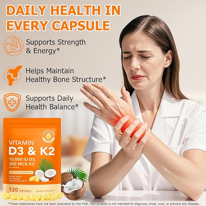 Vitamin D3 K2, D3 K2 Vitamin 10000 iu Supplement With Coconut Oil Softgels, 2 in 1 Formula 200 mcg (MK-7) Complex Softgels Support Calcium Absorption, Immune, Bone Health D3 K2 Vitamin - 120 Softgels