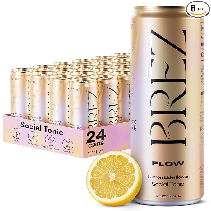 BRĒZ FLOW Lion’s Mane Mushroom Drink 24 Pack, Lemon Elderflower, Supports Mood & Focus, Non-Alcoholic Sparkling Adaptogen Drink, Functional Mushrooms, Feel Clear, Calm & Refreshed- 12 Fl oz Cans