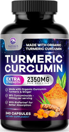 Turmeric Curcumin Supplement - 1750mg Organic Turmeric Per Serving - 95% Curcuminoids, Ginger & BioPerine Black Pepper for Best Absorption - Natural Vegan Joint Support, Bottled in USA - 240 Capsules