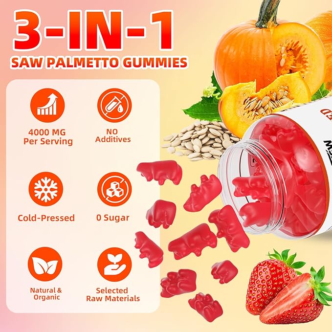 Pumpkin Seed Oil Gummies with Saw Palmetto, Organic Pumpkin Seed Oil Supplement for Hair Growth & Skin Health, Prostate Health, High Pure Extract for Women Men, Strawberry Flavor, 120 Count
