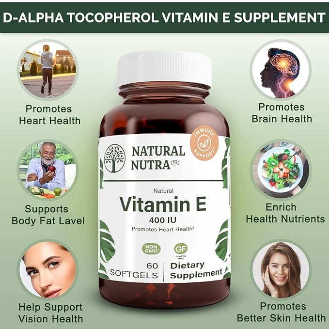Natural Nutra Vitamin E 400 IU Supplement, Enrich Health Nutrients, Promotes Skin Health, Enhance Hair & Nails Growth, Supports Body Fat Level, Helps Heart Health & Protects Skin Texture, 60 Soft gels