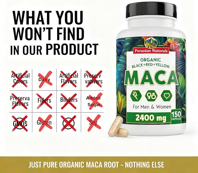 Peruvian Naturals Organic Maca Root Capsules for Women & Men, 2400 mg, 300 Vegan Pills with Black, Red & Yellow Root, Gelatinized, Non-GMO, Pack of 2