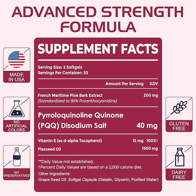 200 mg Pycnogeno with PQQ, Premium French Maritime Pine Bark Extract, Unique Dual-Delivery for Maximum Absorption, Pine Bark Extract for Vascular & Heart & Joint Function - 120 Vegan Softgels