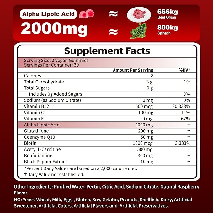 Alpha Lipoic Acid Gummies 2000mg Triple Strength Neuropathy Supplements - Liposomal ALA Complex for Brain & Liver & Skin and Nerve* Support, Sugar Free, 60 Counts, Raspberry Flavor
