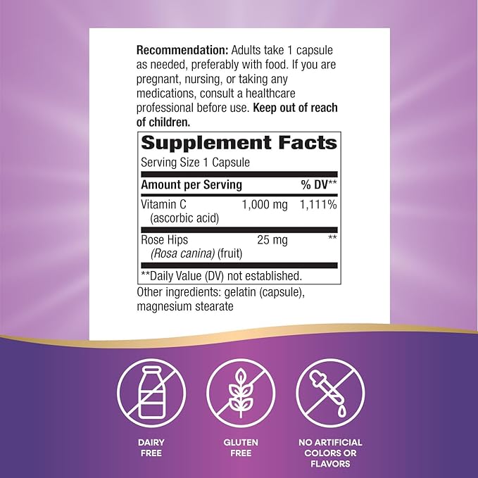 Nature's Way Extra Strength(1) Vitamin C with Rose Hips, Supports Immune Health*, Collagen Production*, High Potency Vitamin C, 250 Capsules (Packaging May Vary)