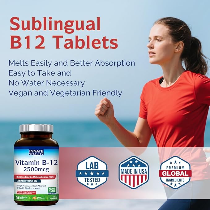 Innate Vitality Vitamin B12 2500mcg, Sublingual Methylcobalamin, Extra Strength for Energy Metabolism, Mental Clarity, Nervous System Health, Peach Flavor, Zero Sugar, 90 Fast Dissolve Tablets
