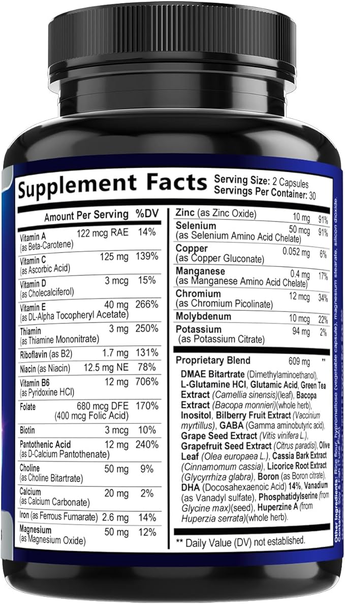 Brain Memory Supplement - 3X Strength Nootropics for Concentration, Clarity & Focus Support - Brain Health Cognitive Vitamins with Bacopa, Phosphatidylserine & DMAE, Brain Booster Pills, 60 Capsules