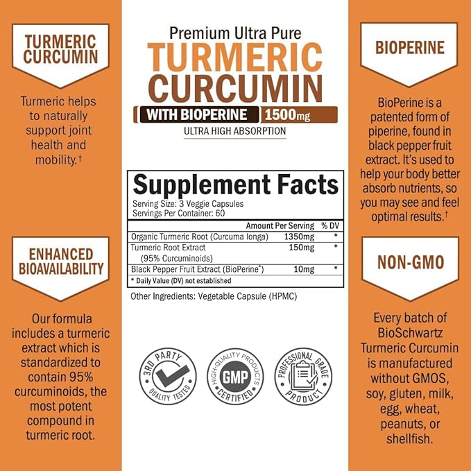 Glucosamine Chondroitin MSM Triple Strength Joint Support Supplement (2 Month Supply) Plus Turmeric Curcumin with Black Pepper Extract 1500mg Complex (2 Month Supply)