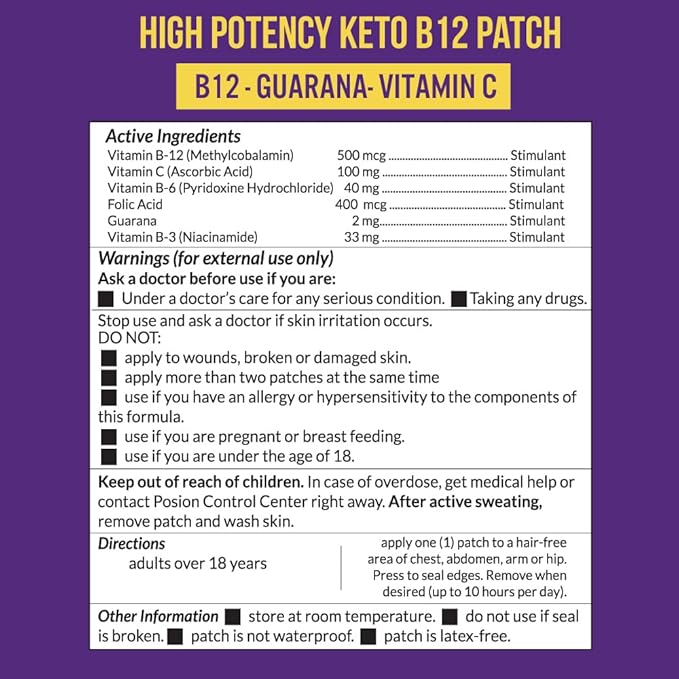 Keto Patch with B12 Methylcobalamin and Vitamin Guarana B12 Patch for Energy - 30 Day Supply Keto & Vitamin B12 Patches - Made in The USA