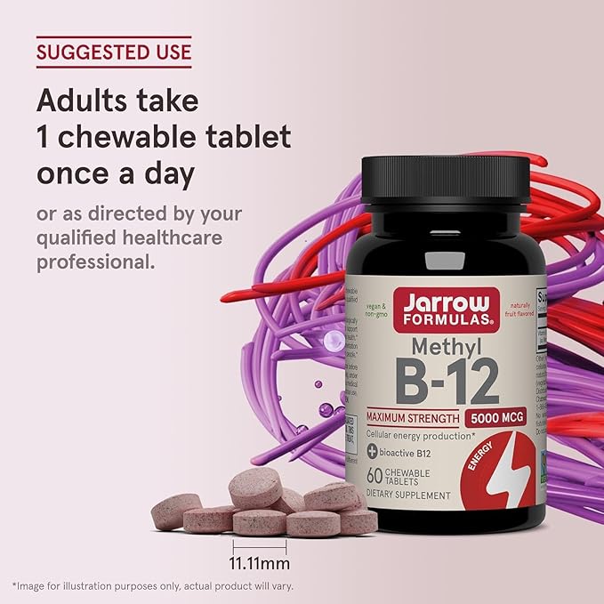 Jarrow Formulas Methyl Vitamin B12 5000 mcg - 60 Chewable Tablets, Naturally Fruit Flavored- B12 Vitamin, Brain Health & Metabolism - 60 Servings (Pack of 2)