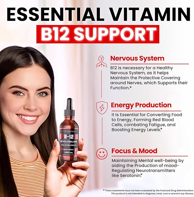 VITBOOST Vegan Liquid B-12 Drops – 60 x 5000 mcg Extra Strength Raspberry Flavored Vitamin B12 Liquid Methylcobalamin sublingual Supplement | Designed to Maximize Absorption & Energy | Gluten Free
