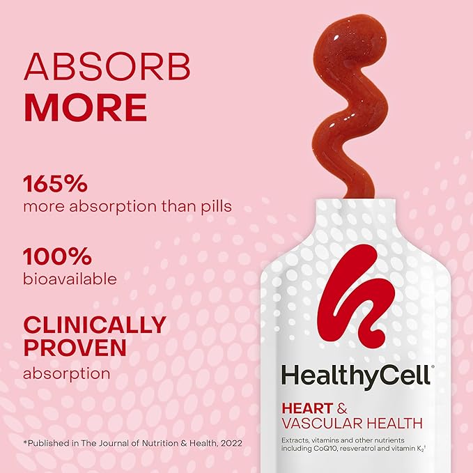 Healthycell Heart & Vascular Health Daily Liquid Supplement - Cardiovascular Support with Beet Root Powder, Resveratrol, CoQ10, Omega-3 & Vitamin K - 30 Gel Packs