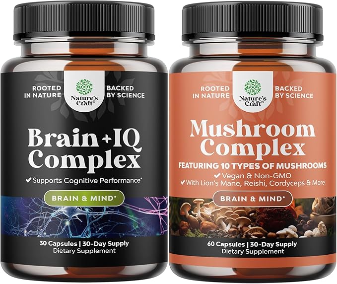 Bundle of Nootropic Memory Supplement with Vitamin B 12 Bacopa Monnieri Rhodiola Rosea DMAE Ginkgo Biloba and Mushroom Complex 10X Lions Mane with Reishi Chaga Maitake Shiitake for Brain Support