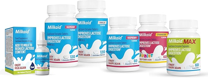Milkaid Junior Lactase Enzyme Chewable Tablets for Lactose Intolerance | Prevents Gas, Bloating, Diarrhea in Children| Fast Acting Dairy Digestive Supplement for Kids| Strawberry Flavor | 60 ct (1)