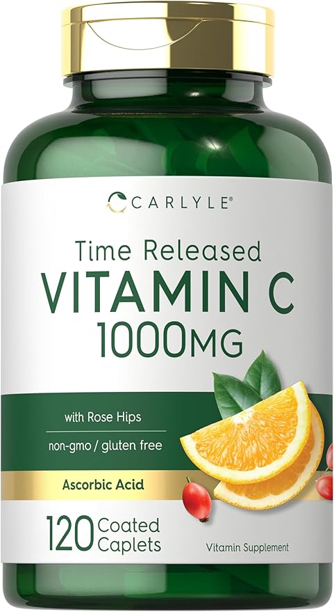 Carlyle Vitamin C 1000mg | Timed Release | 120 Vegetarian Caplets | with Rose Hips | Non-GMO & Gluten Free Supplement