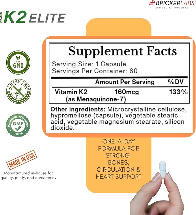 Bricker Labs K2 Elite Vitamin K2 MK-7 Supplement 160mcg, Supports Bone & Heart Health, Calcium Absorption & Circulation – Non-GMO – 60 Capsules