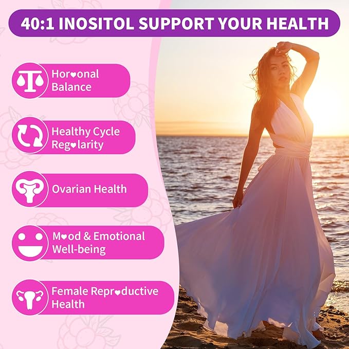Myo-Inositol & D-Chiro Inositol Gummies, 40:1 Ratio Inositol Supplement with Vitamin D3, Magnesium Glycinate, Folate & Zinc, for Female Health & Wellness, Raspberry Flavor, 60 Count