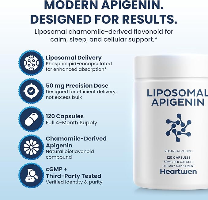 Liposomal Apigenin Supplement | 4-Month Supply Apigenin (Chamomile Flavonoid) | Supports Sleep & Calm | Sunflower Phospholipid Liposomes for Enhanced Absorption – 50mg Capsules (120 Count)