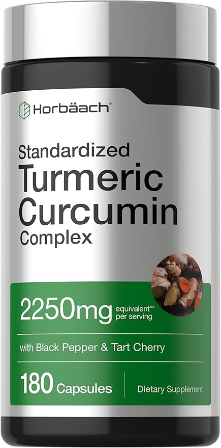Horbäach Turmeric Curcumin Supplement | 180 Capsules | with Black Pepper & Tart Cherry | Non-GMO & Gluten Free
