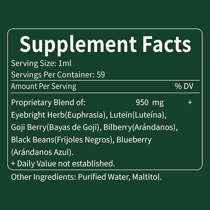 Eyebright Herb Eye Health Drops, Bilberry & Lutein Liquid Extract Herbal Supplement for Eye Strain Relief & Sight Care Support. Euphrasia Officinalis, Arándanos, Luteína para Los Ojos. 2oz