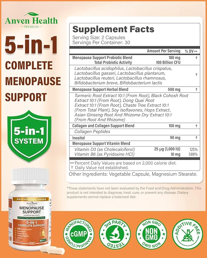 Menopause Supplements for Women, Vitamin D3 & B6, Menopause Relief Probiotics Supports Hot Flashes, Night Sweats, Bloating & Gut Health with Black Cohosh, Herbs, Collagen | 60 Veggie Caps